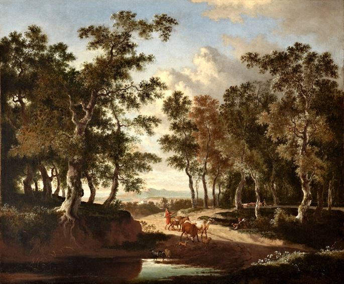 Jan Hackaert - A Wooded Landscape with a Shepherd and his Herd on a Path near a Puddle | MasterArt